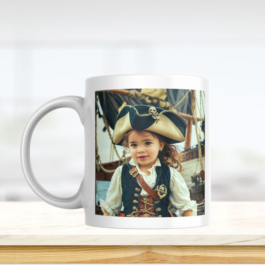 Example of how to upload a toddler girl's photo to create a personalized pirate portrait on a mug featuring her dressed as a pirate on a ship deck