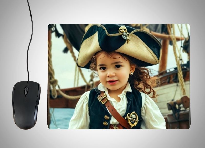 Example of how to upload a toddler girl's photo to create a personalized Pirate Girl portrait on a mouse mat featuring her as a brave pirate captain, with a pirate hat, sword, and a ship sailing through a high-seas adventure