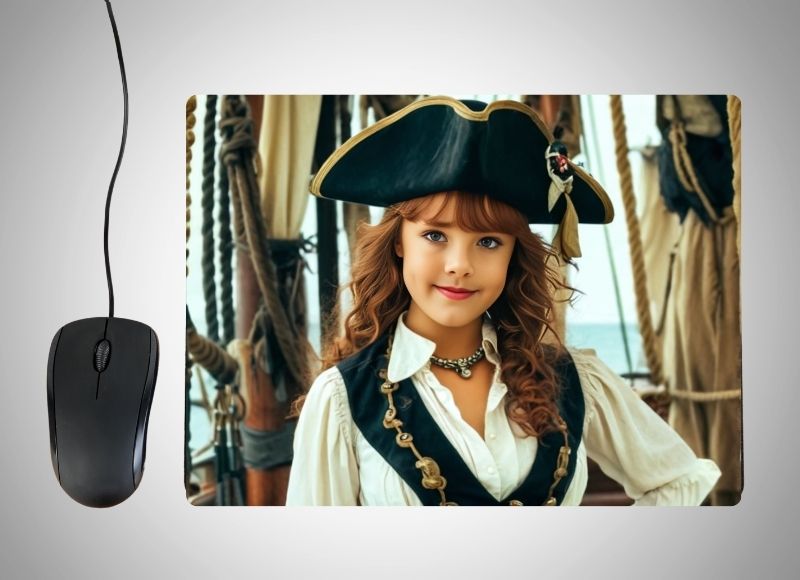 Example of how to upload a girl's photo to create a personalized Pirate Girl portrait on a mouse mat featuring her as a brave pirate captain, with a pirate hat, sword, and a ship sailing through a high-seas adventure