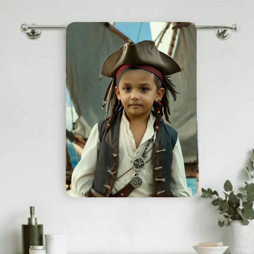 Example of how to upload a toddler boy's photo to create a personalized pirate portrait on a towel featuring him dressed as a pirate on a ship deck.