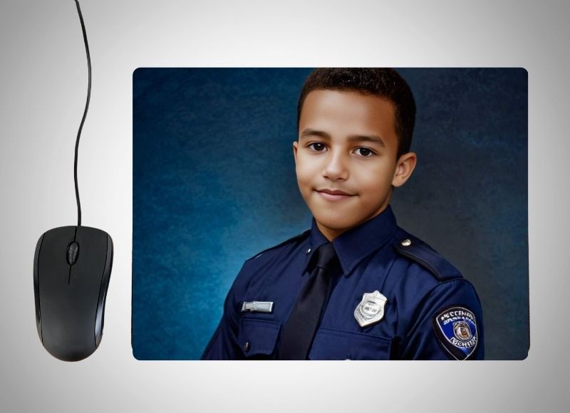 Example of how to upload a boy's photo to create a personalized Police Officer portrait on a mouse mat featuring him in a crisp police uniform, badge, and standing proudly in front of a bustling city street with police cars and flashing lights.