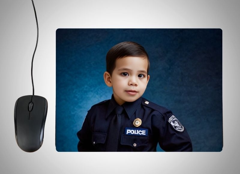 Example of how to upload a toddler boy's photo to create a personalized Police Officer portrait on a mouse mat featuring him in a crisp police uniform, badge, and standing proudly in front of a bustling city street with police cars and flashing lights