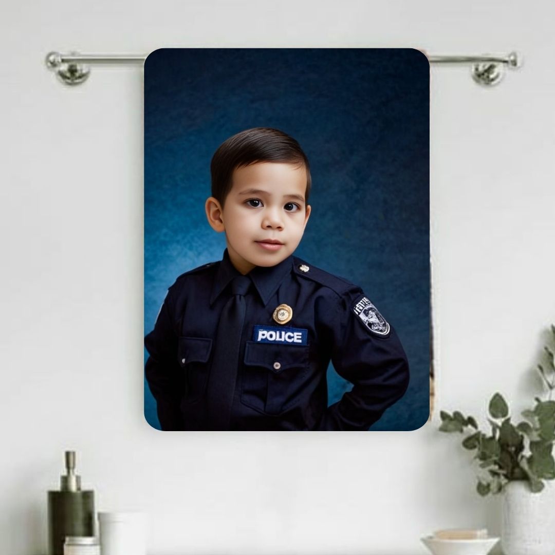 Example of how to upload a toddler boy's photo to create a personalized police officer portrait on a towel, featuring him dressed as a police officer, standing proudly in front of a police car