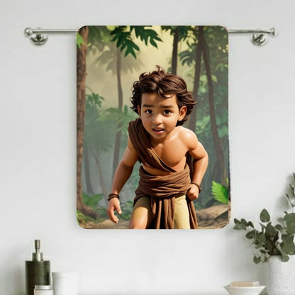 Example of how to upload a toddler boy's photo to create a personalized Tarzan portrait on a towel, featuring him dressed as Tarzan, swinging from vines in a jungle