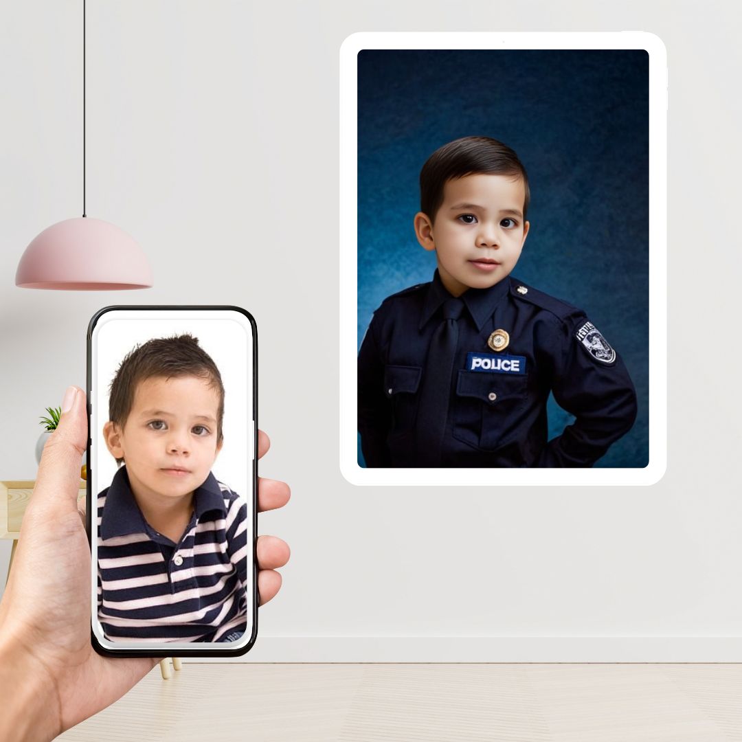 Example of how to upload a toddler boy's photo to create a personalized police officer portrait on a canvas featuring him dressed as a police officer, standing proudly in front of a police car