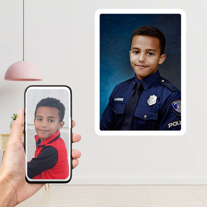 Example of how to upload a boy's photo to create a personalized police officer portrait on a canvas featuring him dressed as a police officer, standing proudly in front of a police car