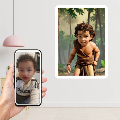 Example of how to upload a toddler boy's photo to create a personalized Tarzan portrait on a canvas, featuring him dressed as Tarzan, swinging from vines in a jungle