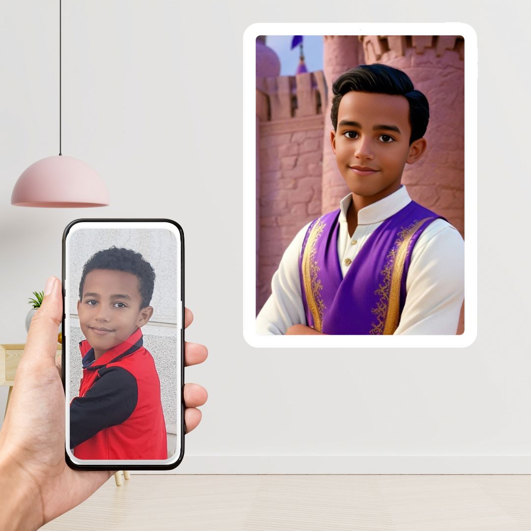 Example of how to upload a boy's photo to create a personalized portrait on a canvas featuring him as Prince Aladdin in a royal palace setting