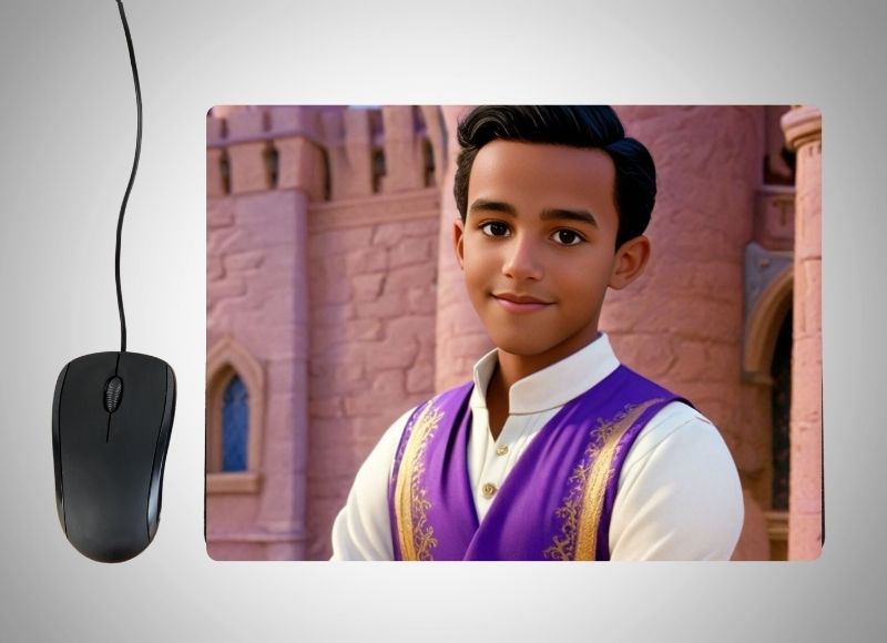 Example of how to upload a boy's photo to create a personalized Prince Aladdin portrait on a mouse mat featuring him in a royal outfit, standing with a magic carpet and a vibrant, enchanted cityscape in the background