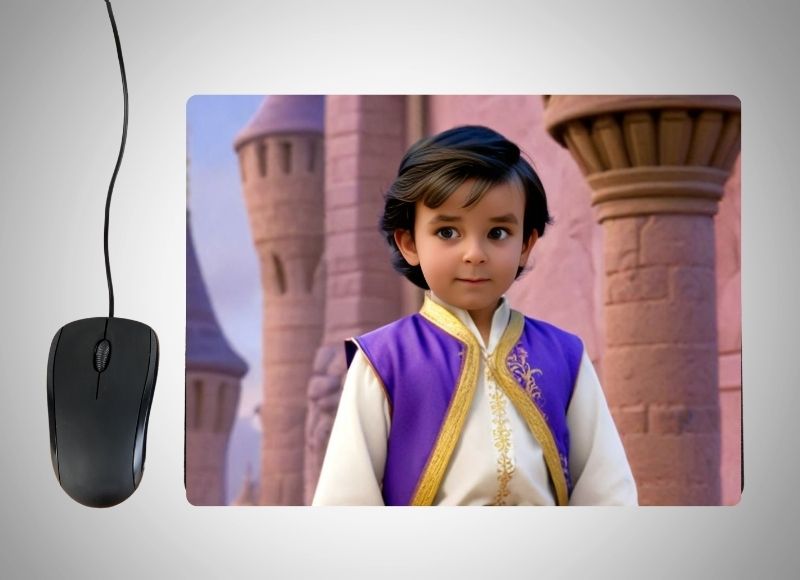 Example of how to upload a toddler boy's photo to create a personalized Prince Aladdin portrait on a mouse mat featuring him in a royal outfit, standing with a magic carpet and a vibrant, enchanted cityscape in the background