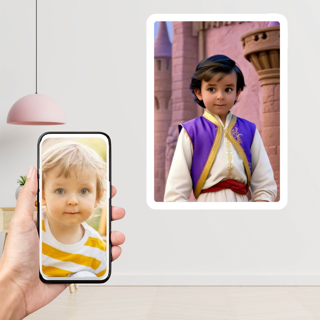 Example of how to upload a toddler boy's photo to create a personalized portrait on a canvas featuring him as Prince Aladdin in a royal palace setting