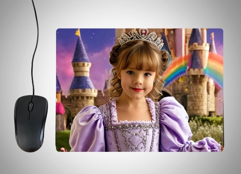 Example of how to upload a girl's photo to create a personalized Rainbow Princess portrait on a mouse mat featuring her in a shimmering rainbow-colored gown, surrounded by vibrant rainbows, clouds, and sparkling stars