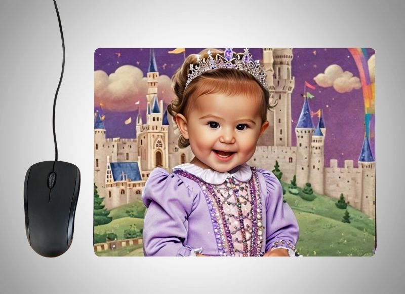 Example of how to upload a toddler girl's photo to create a personalized Rainbow Princess portrait on a mouse mat featuring her in a shimmering rainbow-colored gown, surrounded by vibrant rainbows, clouds, and sparkling stars