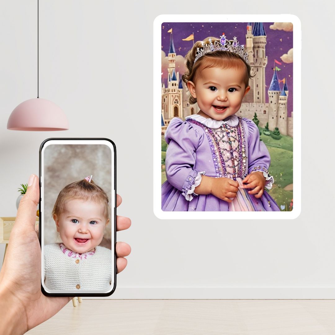 Example of how to upload a toddler girl's photo to create a personalized rainbow princess portrait on a canvas featuring her dressed as a rainbow princess in a vibrant, magical rainbow setting