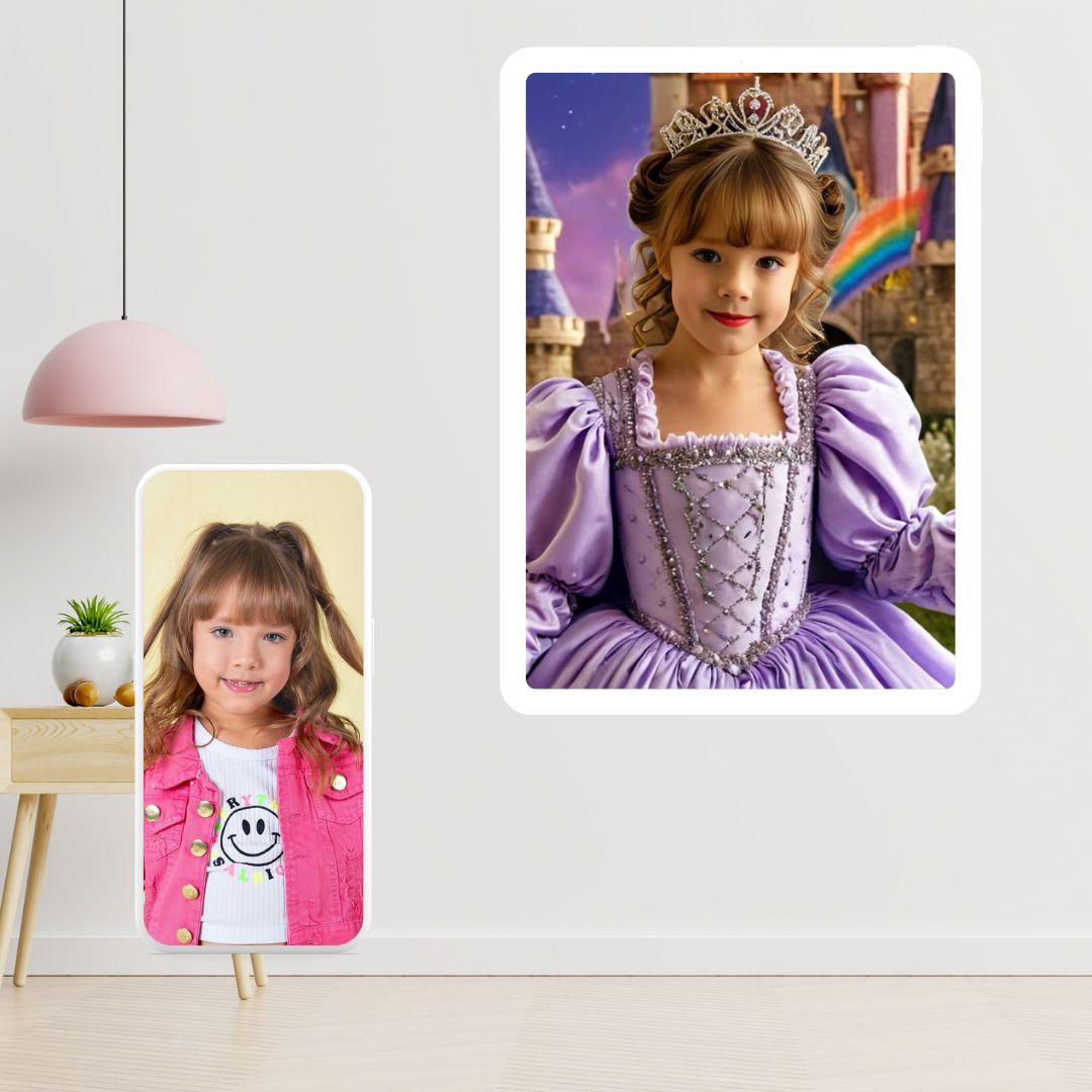 Example of how to upload a girl's photo to create a personalized rainbow princess portrait on a canvas featuring her dressed as a rainbow princess in a vibrant, magical rainbow setting