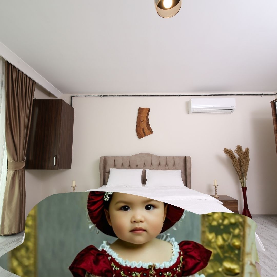 Example of how to upload a toddler girl's photo to create a personalized red princess portrait on a blanket featuring her as a red princess in a royal castle