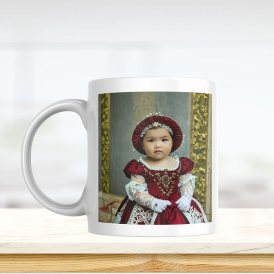 Example of how to upload a toddler girl's photo to create a personalized red princess portrait on a mug featuring her as a red princess in a royal castle.