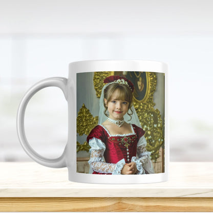 Example of how to upload a girl's photo to create a personalized red princess portrait on a mug featuring her as a red princess in a royal castle.