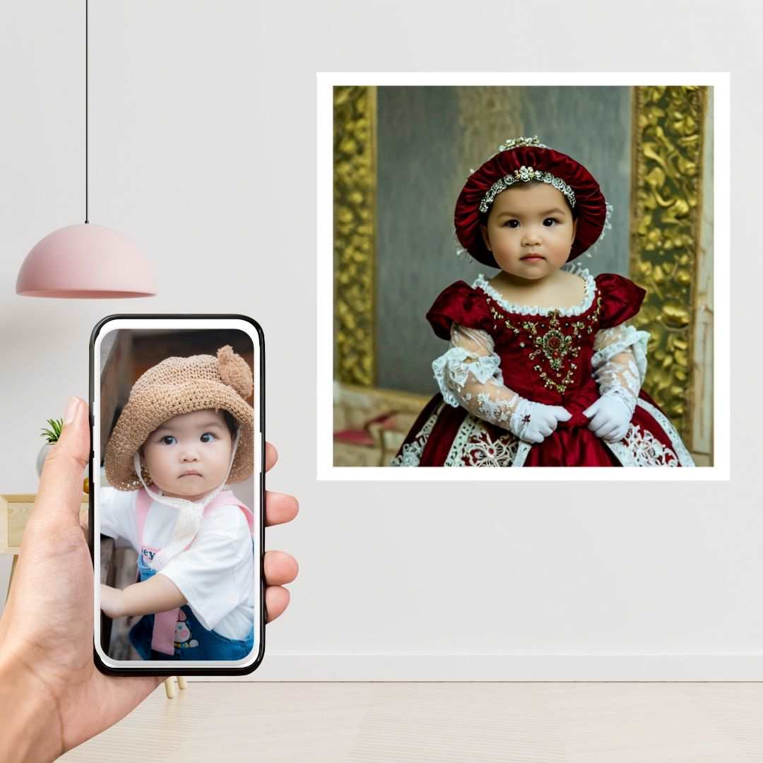 Example of how to upload a toddler girl's photo to create a personalized red princess portrait on a canvas featuring her as a red princess in a royal castle