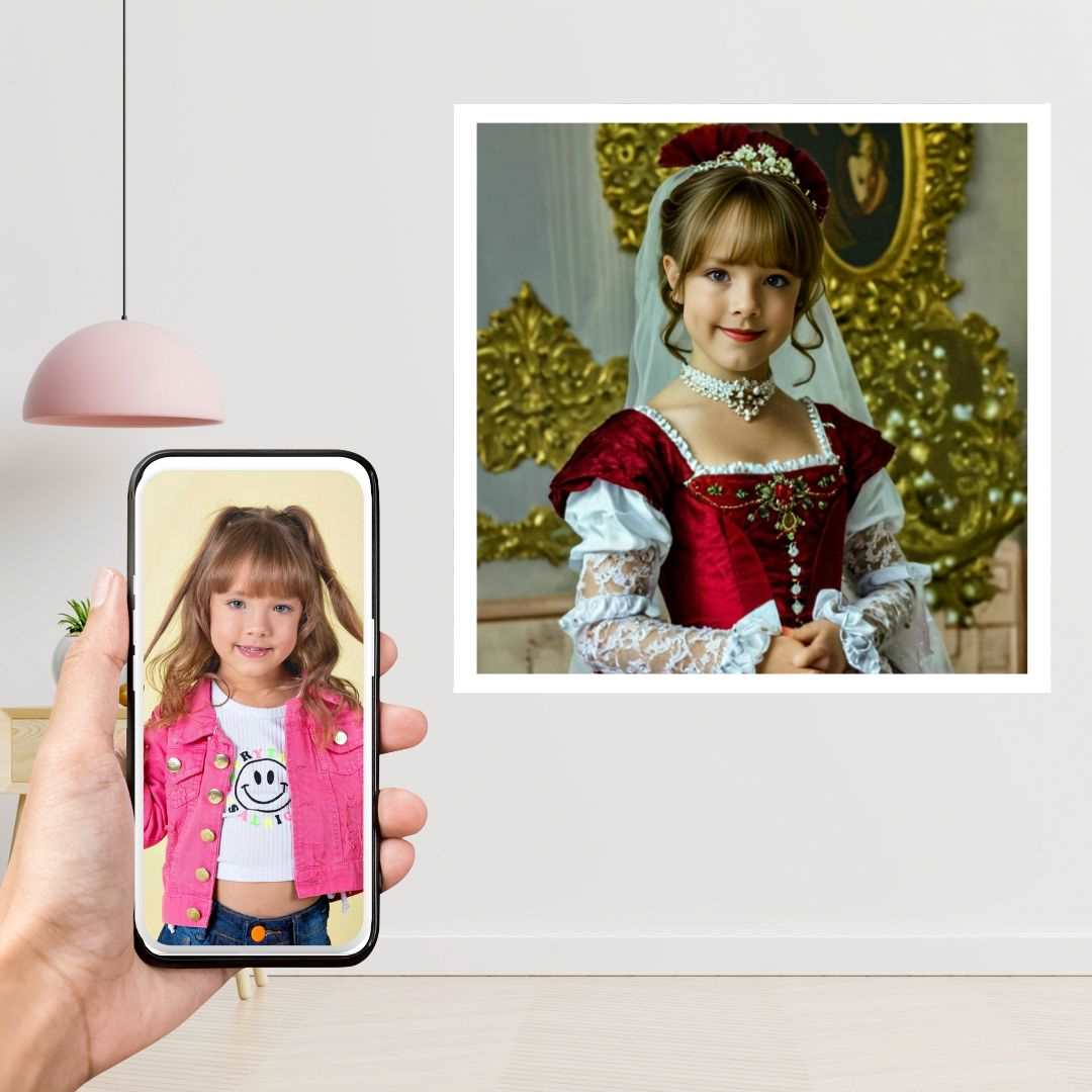 Example of how to upload a girl's photo to create a personalized red princess portrait on a canvas featuring her as a red princess in a royal castle