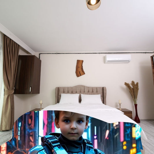 Example of how to upload a toddler boy's photo to create a personalized robot hero portrait on a blanket featuring him as a robot hero in a futuristic city