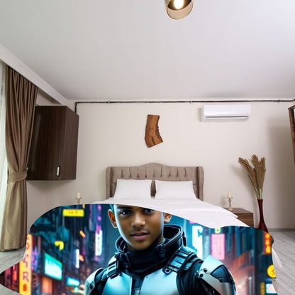 Example of how to upload a boy's photo to create a personalized robot hero portrait on a blanket featuring him as a robot hero in a futuristic city