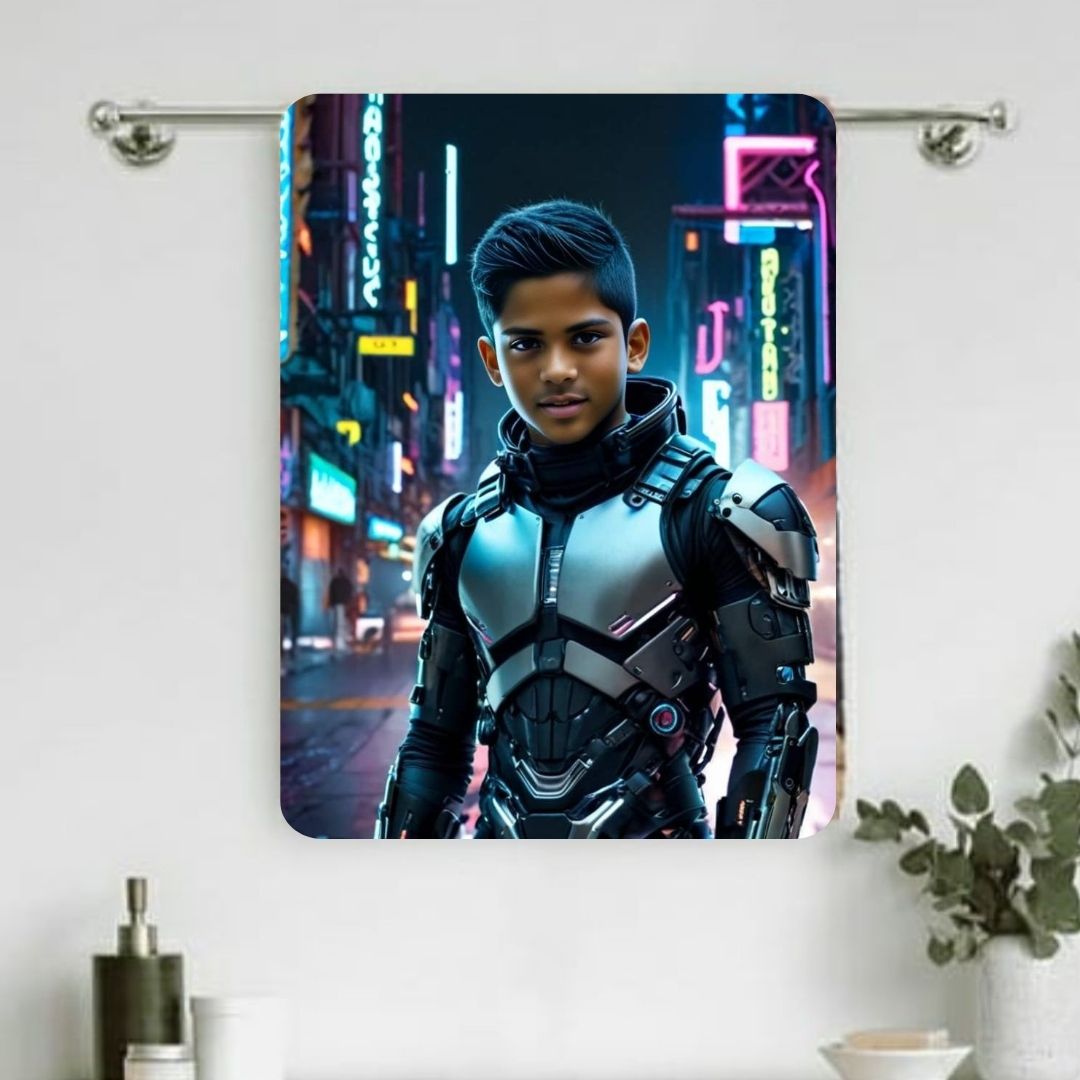 Example of how to upload a boy's photo to create a personalized robot hero portrait on a towel featuring him as a robot hero in a futuristic city.