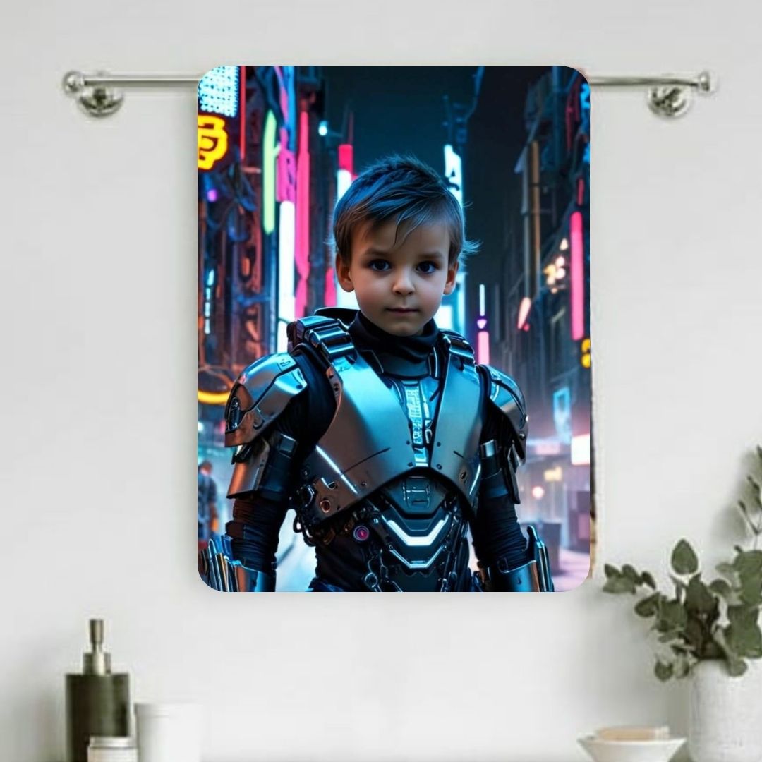 Example of how to upload a toddler boy's photo to create a personalized robot hero portrait on a towel featuring him as a robot hero in a futuristic city.