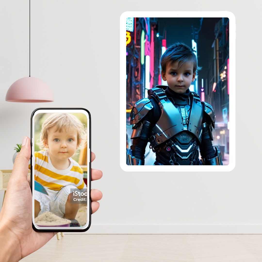 Example of how to upload a toddler boy's photo to create a personalized robot hero portrait on a canvas featuring him as a robot hero in a futuristic city