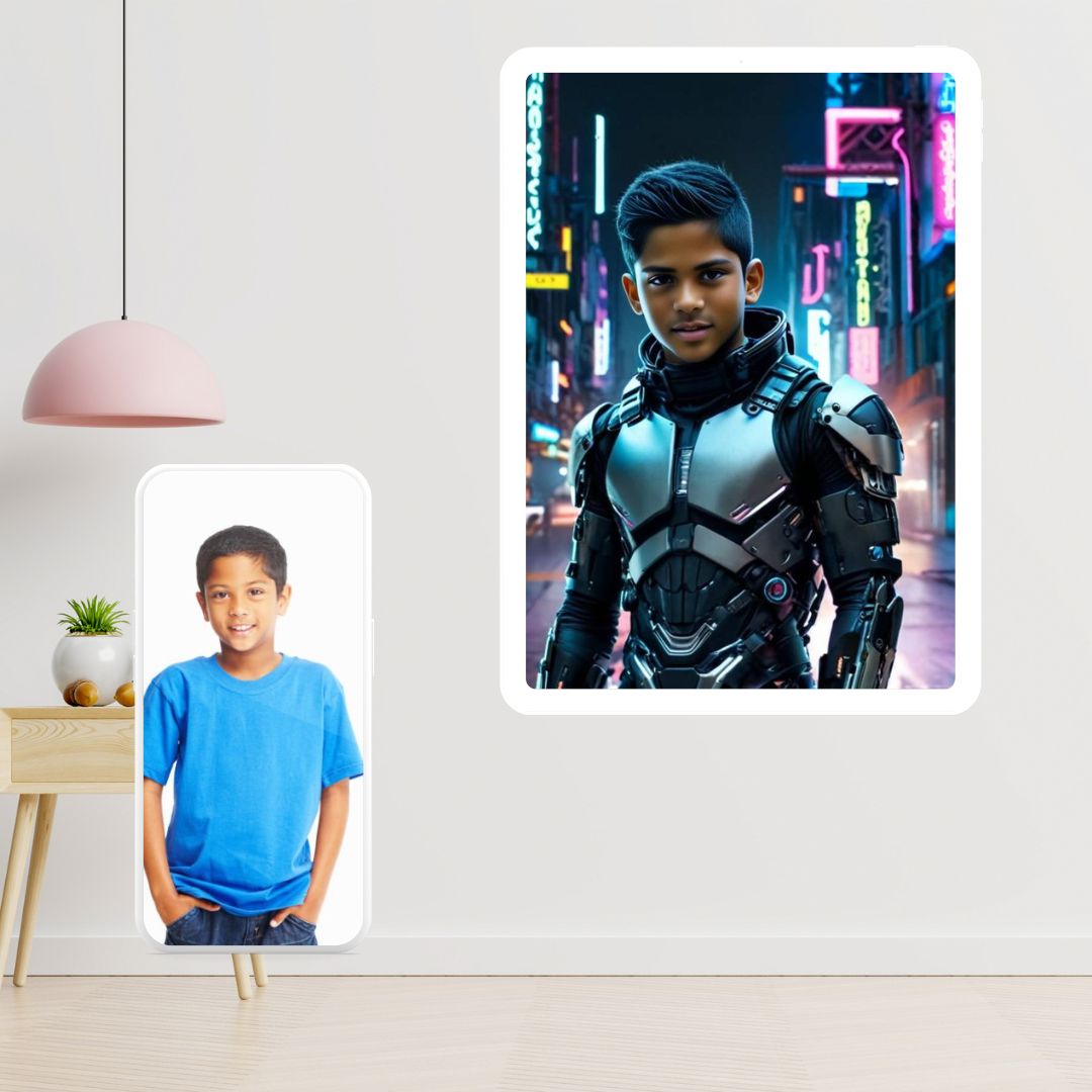 Example of how to upload a boy's photo to create a personalized robot hero portrait on a canvas featuring him as a robot hero in a futuristic city