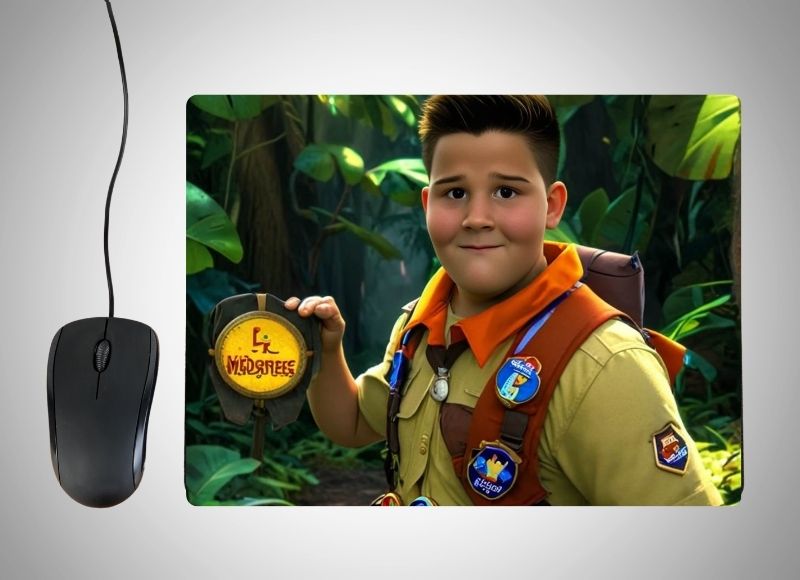 Example of how to upload a boy's photo to create a personalized Russel Cartoon portrait on a mouse mat featuring him as an adventurous scout, wearing a scout uniform with a badge sash, standing in front of a vibrant outdoor backdrop with nature and trees surrounding him