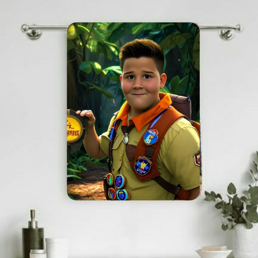 Example of how to upload a boy's photo to create a personalized Russell cartoon portrait on a towel, featuring him dressed as an explorer with his backpack, ready for an adventure