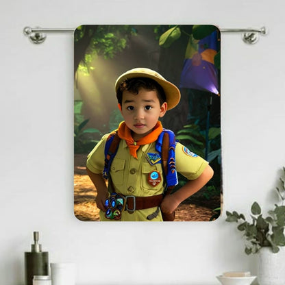 Example of how to upload a toddler boy's photo to create a personalized Russell cartoon portrait on a towel, featuring him dressed as an explorer with his backpack, ready for an adventure