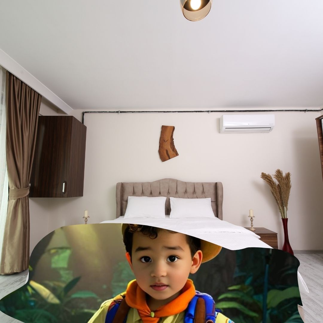 Example of how to upload a toddler boy's photo to create a personalized Russell cartoon portrait on a blanket, featuring him dressed as an explorer with his backpack, ready for an exciting adventure