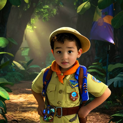 Personalized portrait of a toddler boy dressed as a character from the Russell cartoon, ready for an adventure with his explorer gear and backpack