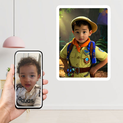 Example of how to upload a toddler boy's photo to create a personalized Russell cartoon portrait on a canvas, featuring him dressed as an explorer with his signature gear, ready to embark on a fun journey