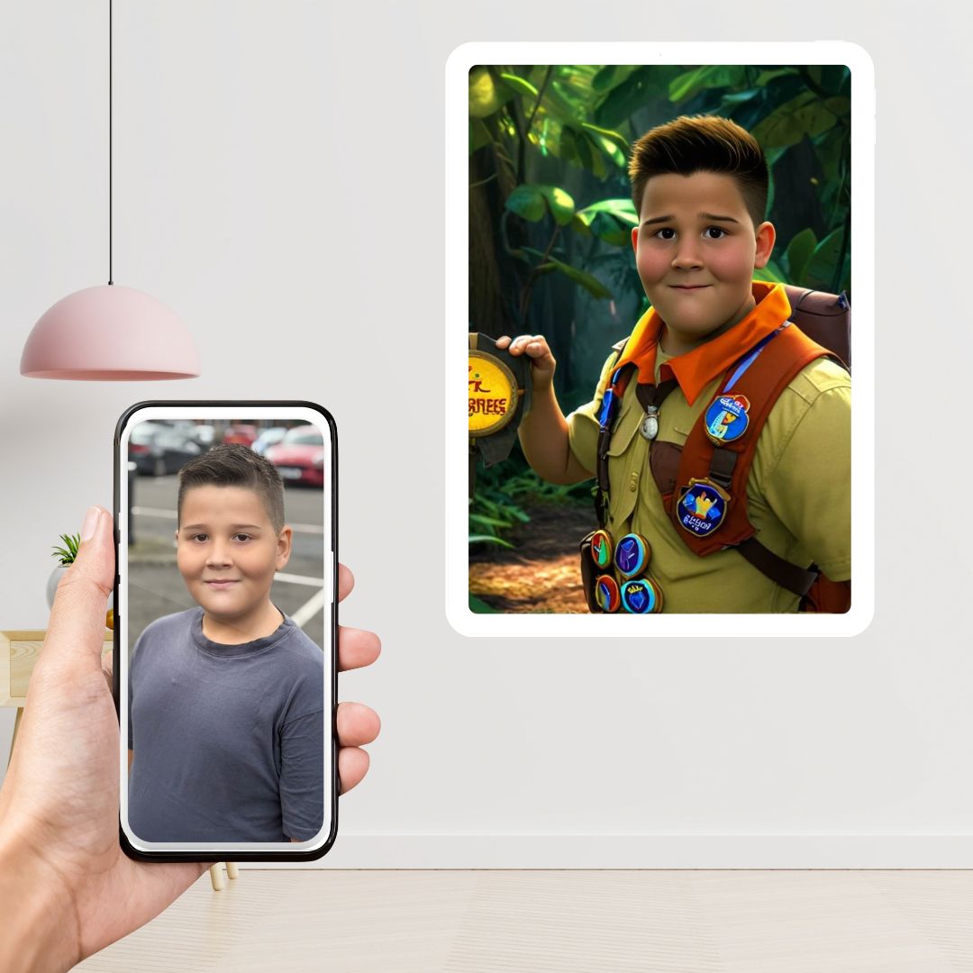 Example of how to upload a boy's photo to create a personalized Russell cartoon portrait on a canvas, featuring him dressed as an explorer with his signature gear, ready to embark on a fun journey