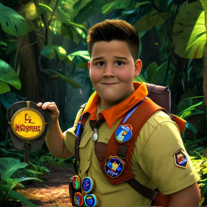 Personalized portrait of a boy dressed as a character from the Russell cartoon, ready for an adventure with his explorer gear and backpack