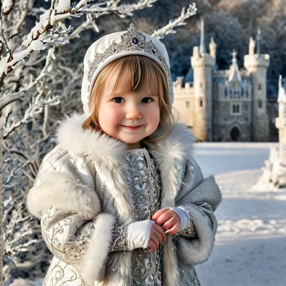 Personalized portrait of a toddler girl dressed as a snow princess in a snowy, magical winter wonderland.