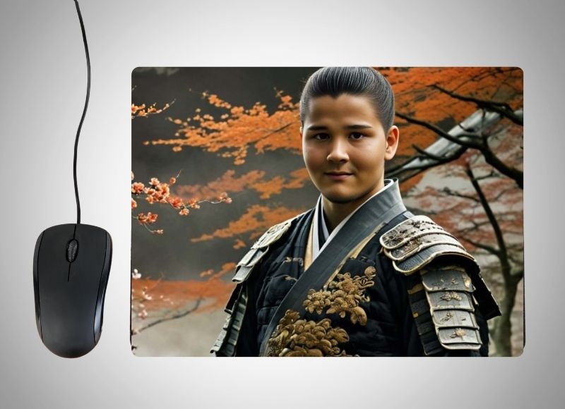 Example of how to upload a boy's photo to create a personalized Samurai Hero portrait on a mouse mat featuring him in traditional samurai armor, holding a katana, standing in a serene Japanese landscape with cherry blossoms and distant mountains in the background