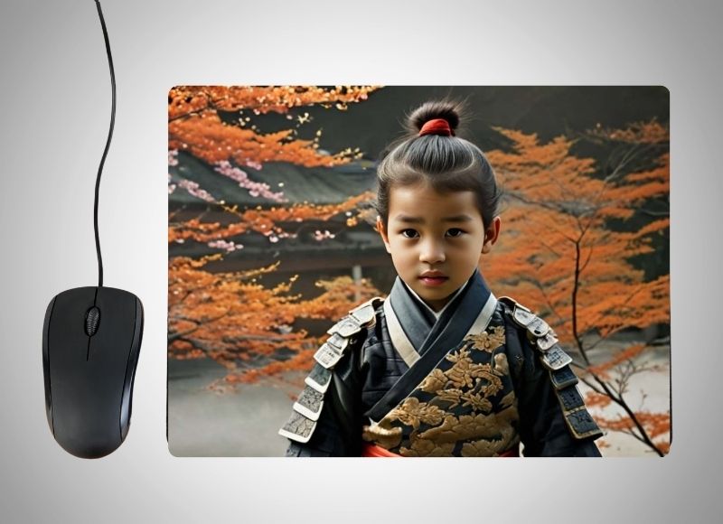 Example of how to upload a toddler boy's photo to create a personalized Samurai Hero portrait on a mouse mat featuring him in traditional samurai armor, holding a katana, standing in a serene Japanese landscape with cherry blossoms and distant mountains in the background