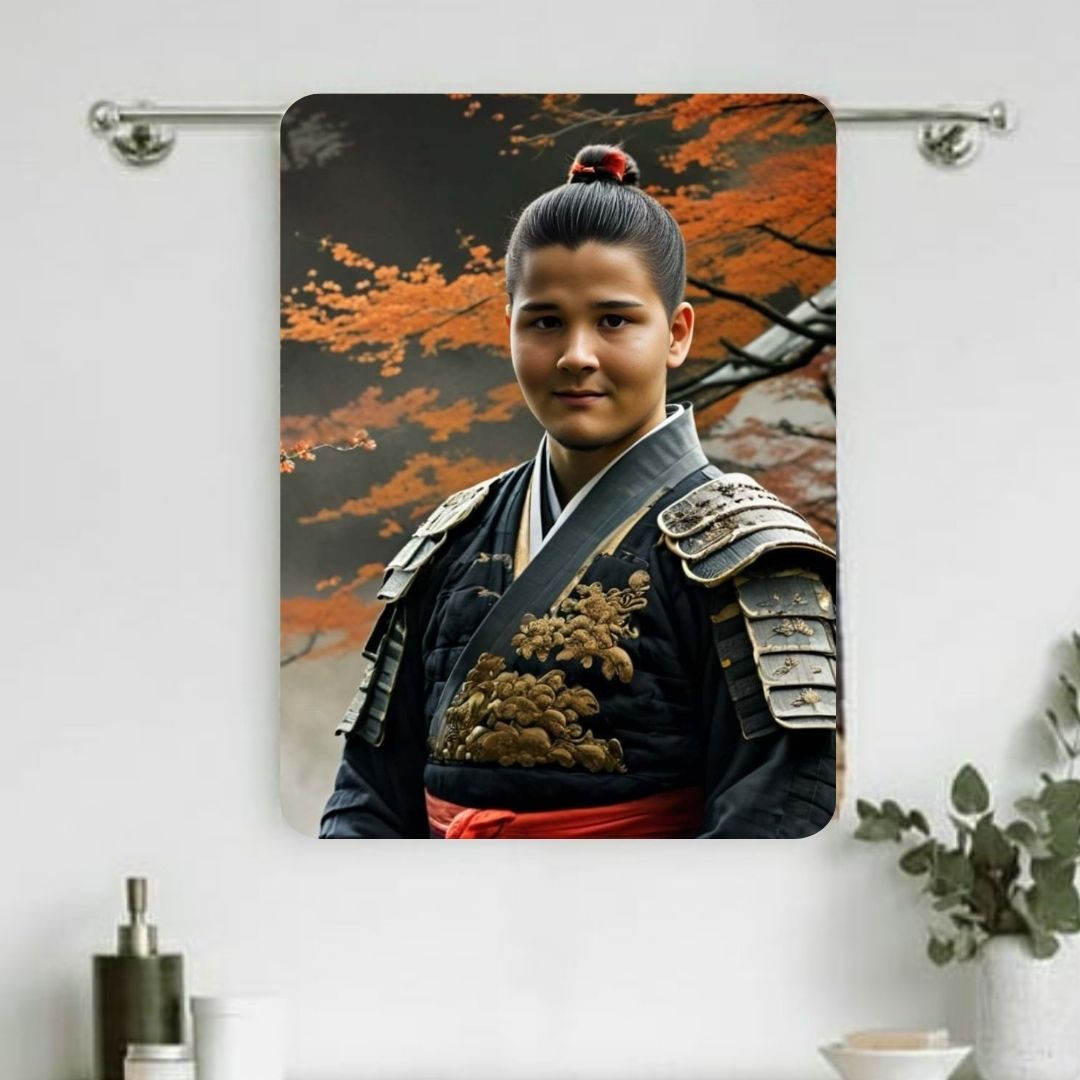 Example of how to upload a boy's photo to create a personalized samurai hero portrait on a towel, featuring him dressed in traditional samurai armor, ready to defend with his katana