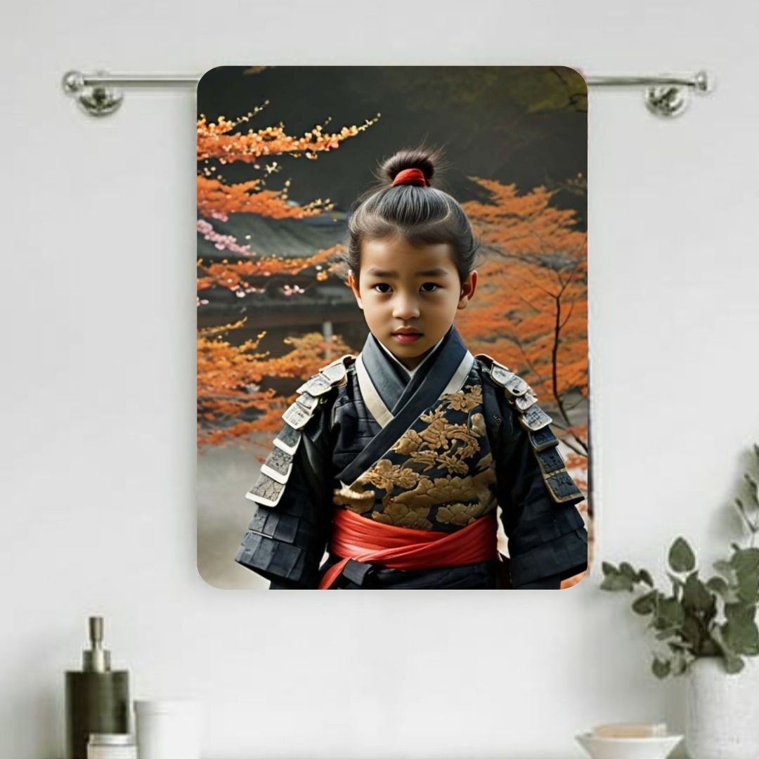 Example of how to upload a toddler boy's photo to create a personalized samurai hero portrait on a towel, featuring him dressed in traditional samurai armor, ready to defend with his katana