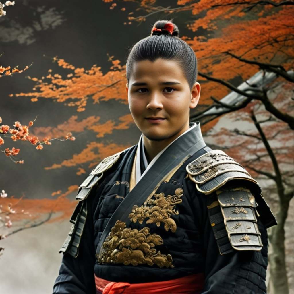 Personalized portrait of a boy dressed as a samurai hero, ready for battle in traditional samurai armor with his katana by his side