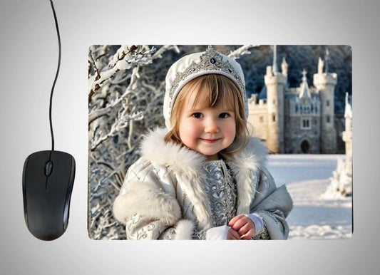 Example of how to upload a toddler girl's photo to create a personalized Snow Princess portrait on a mouse mat featuring her in a sparkling ice-blue gown, surrounded by frosty trees, snowflakes, and a winter wonderland backdrop