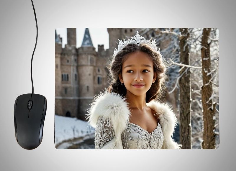 Example of how to upload a girl's photo to create a personalized Snow Princess portrait on a mouse mat featuring her in a sparkling ice-blue gown, surrounded by frosty trees, snowflakes, and a winter wonderland backdrop