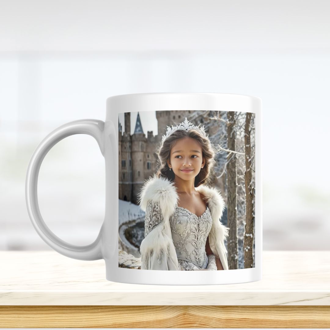 Example of how to upload a girl's photo to create a personalized snow princess portrait on a mug featuring her dressed as a snow princess in a magical winter wonderland