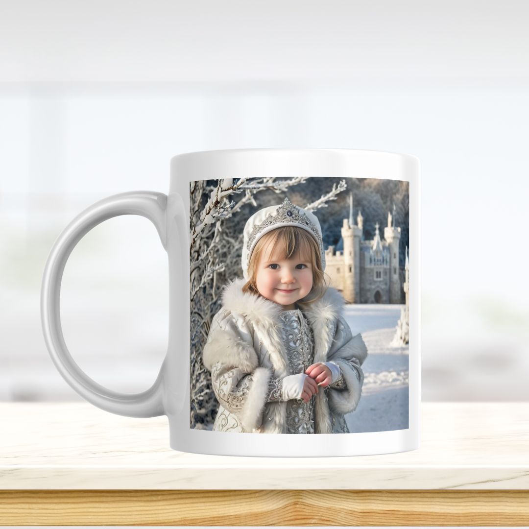 Example of how to upload a toddler girl's photo to create a personalized snow princess portrait on a mug featuring her dressed as a snow princess in a magical winter wonderland