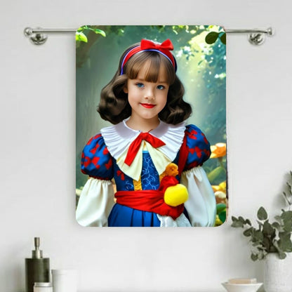 Example of how to upload a girl's photo to create a personalized Snow White princess portrait on a towel featuring her dressed as Snow White in a magical forest setting