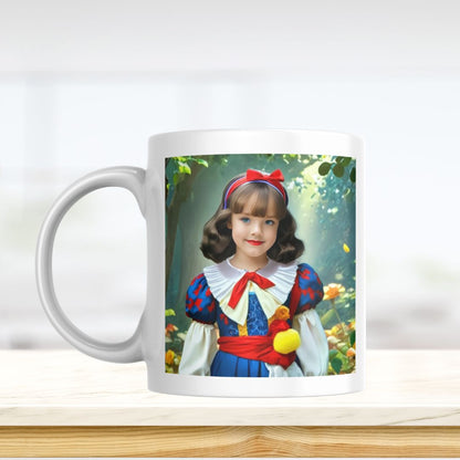 Example of how to upload a girl's photo to create a personalized Snow White princess portrait on a mug featuring her dressed as Snow White in a magical forest setting